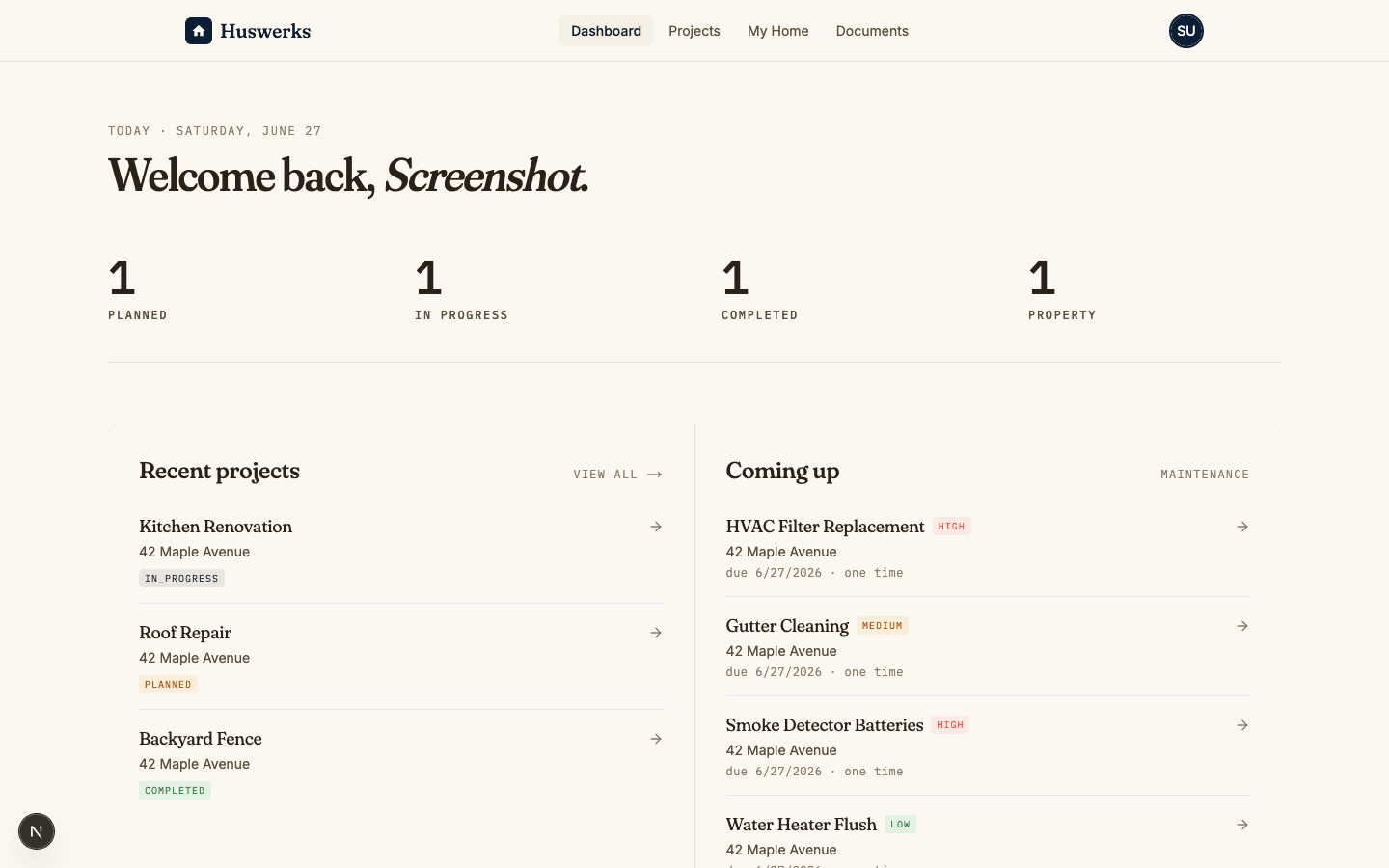 Huswerks dashboard